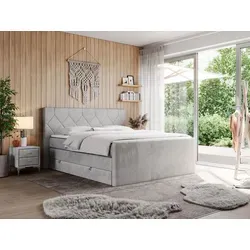 KING EIGAR Boxspringbett 160x200cm - Hellgrau mit Doppelmatratzen - Betten mit zwei seitlich öffnenden Bettkästen und einem komfortablen Topper, ideal für optimalen Schlafkomfort und Stauraum im Schlafzimmer.