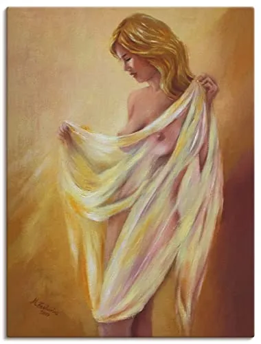 ARTLAND Wanddeko Leinwand Bilder Wandbild 60 x 80 cm Romantik Liebe Erotik Figur Akt Frau Tuch Dessous T2KT