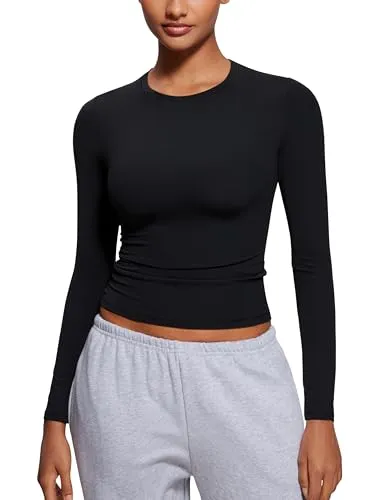 CRZ YOGA Damen Softembrace Langarmshirts Basic T-Shirt Lightweight Y2K Langarm Crop Top Enge Slim Fit Oberteile Casual Rundhals Shirt Schwarz 40