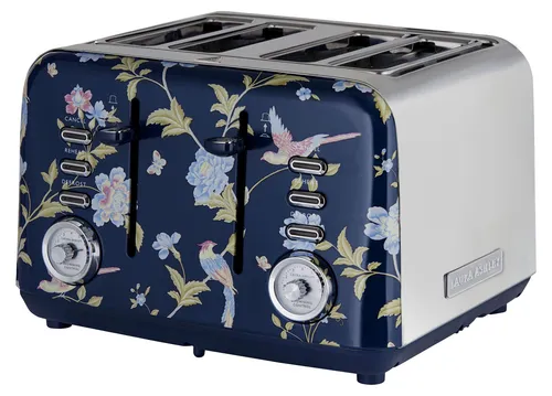 VQ Laura Ashley 4-Scheiben-Toaster - Edelstahl Vintage-Toaster mit Aufsatz - Toaster mit 4 Schlitzen, ideal für gleichmäßiges Toasten von dickem oder feinem Brot. Mit Auftau- und Aufwärmmodi sowie abnehmbarem Krümelsammler für einfache Reinigung.