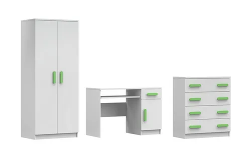 Deine Möbel 24 Jugendzimmer-Set INGE V, 3-teilig in Weiß/Grau/Eiche Sonoma - Funktionales Jugendzimmer-Set INGE V: bestehend aus Kleiderschrank, Schreibtisch und Kommode. Modernes Design mit farbigen Holzgriffen und viel Stauraum für Kleidung und Schulmaterialien.