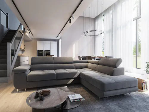 Masseno Ecksofa SELVA R-S mit Schlaffunktion - Ecksofa mit Bettkasten und verstellbaren Kopfstützen, ideal für Gästeübernachtungen und stilvolle Wohnraumgestaltung.