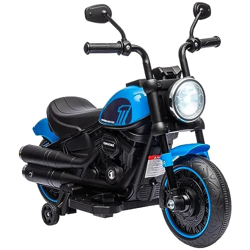 HOMCOM Elektro-Kindermotorrad - Blau+Schwarz - Elektro-Motorrad für Kinder mit abnehmbaren Stützrädern, maximal 25 kg belastbar, ideal für kleine Abenteurer ab 18 Monaten.