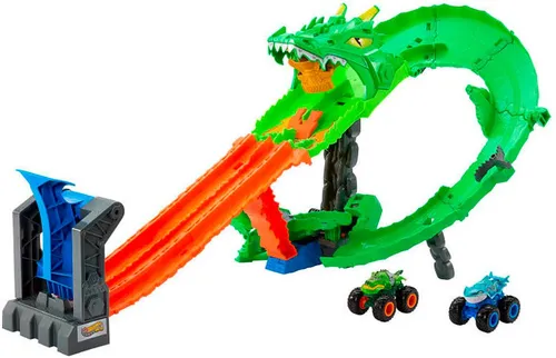 Hot Wheels Monster Trucks Sharks vs. Dinos Spielset - Autos Spielset mit 25 Teilen, für Kinder von 4-99 Jahren, bietet actionreiche Abenteuer mit Monster Trucks und Drachen!