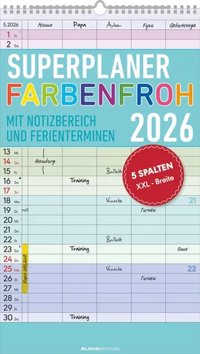 Superplaner Farbenfroh 2026 - 5 Spalten - Familienkalender 26x45 cm - Offset-Pap