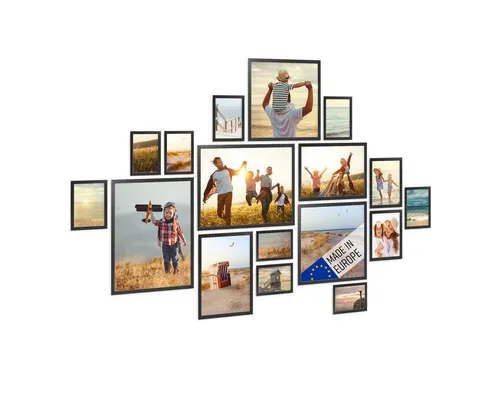 PHOTOLINI Bilderrahmen 17er Set Echtholz-Rahmen - Einzelrahmen aus echtem Holz in Schwarz, ideal für verschiedene Bildformate von 10x15 bis 30x40 cm, mit schützendem Acrylglas für eine stilvolle Präsentation.