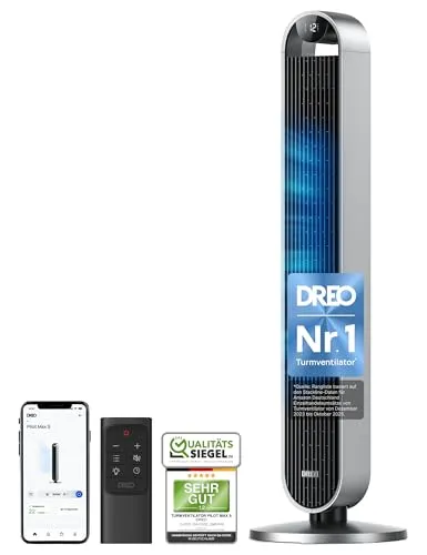 Dreo Pilot Max S - Leiser Smart Turmventilator - Turmventilator mit Sprachsteuerung und 120° Oszillation. Genießen Sie mit nur 25 dB flüsterleise Kühlung und intelligente Steuerung über App oder Alexa.