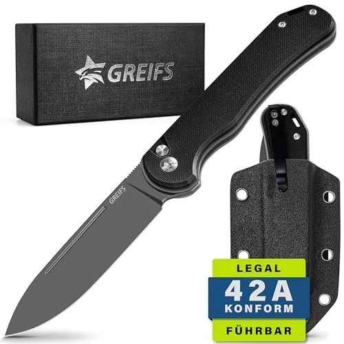 GREIFS® Klappmesser Paxos (Zweihandmesser) aus D2 Stahl mit Buttonlock und Kydexscheide, EDC Messer Outdoor Messer & Survival Taschenmesser, Überlebensmesser, Jagdmesser (TitanBlack)