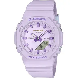 Casio GMA-P2125W-6AER Damenuhr - Chronograph mit einzigartigem Design zum Internationalen Frauentag, 20 ATM wasserdicht, komfortables biobasiertes Resin-Armband und leuchtende Mimose bei LED-Beleuchtung.