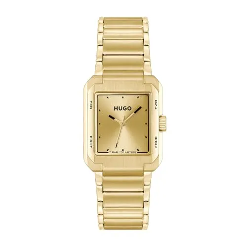HUGO Herren Uhr #Thrive mit Goldfarben Edelstahlarmband - Armbanduhren für Herren mit präzisem Quarzwerk und einzigartigem rechteckigem Gehäuse, stilvoll und wasserabweisend bis 5 bar für den modernen Mann.