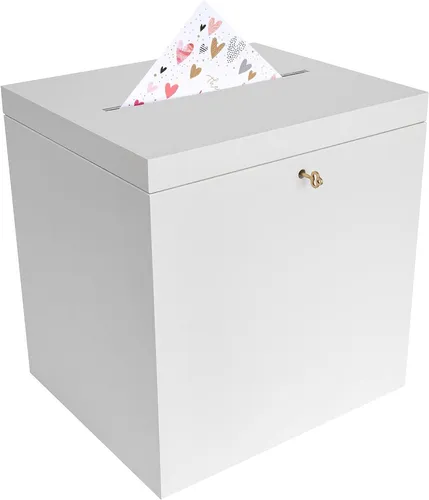 Creative Deco Dekokiste Hochzeit - Geschenkkarten Box mit Schloss - Kisten für Hochzeiten: Elegante weiße Kartenbox mit Deckel, Schloss und Schlüssel, ideal für Geschenkkarten und Geldgeschenke.