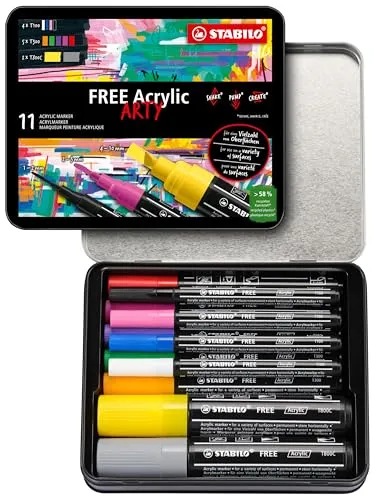 STABILO FREE Acrylic 11er Pack - Starter Kit - Schreibutensilien für kreative Köpfe: Mit 11 Acrylmarkern in 20 Farben und verschiedenen Spitzen für vielseitiges Gestalten auf Papier, Stein, Keramik und mehr.