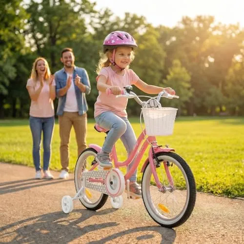 Actionbikes Motors Kinderfahrrad Starlight 16 Zoll - Rosa - Straßenfahrräder für Kinder, ideal für kleine Abenteuer mit 16-Zoll-Luftreifen, V-Brake-Bremsen und Stützrädern für sicheren Fahrspaß.
