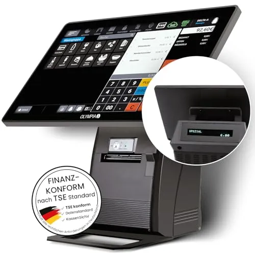 Olympia Registrierkasse Kassensystem T215K - Modernes Kassensystem für Handel und Gastronomie mit 15-Zoll-Touchdisplay, schneller 80 mm Thermodrucker und umfangreicher Konnektivität – ideal für effiziente Betriebsabläufe.