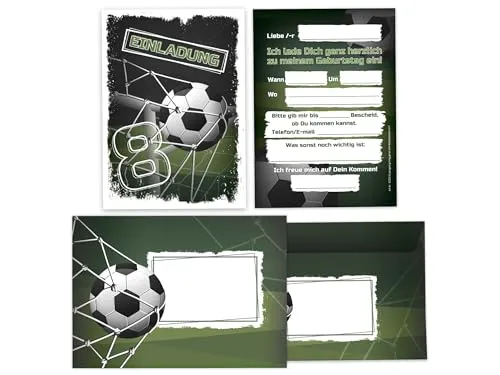 Limonia 12 Einladungskarten incl. 12 Umschläge zum 8. Kindergeburtstag Einladung Geburtstag Mädchen Kinder Jungs Jungen Boys Fussball Turnier grün schwarz