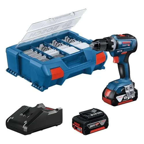 Bosch Professional 18V System Akku Bohrschrauber GSR 18V-55 - max. Drehmoment 55 Nm, inkl. 2x 4.0Ah Akku und 82-teiligem Zubehör-Set für effizientes Arbeiten in Holz und Metall