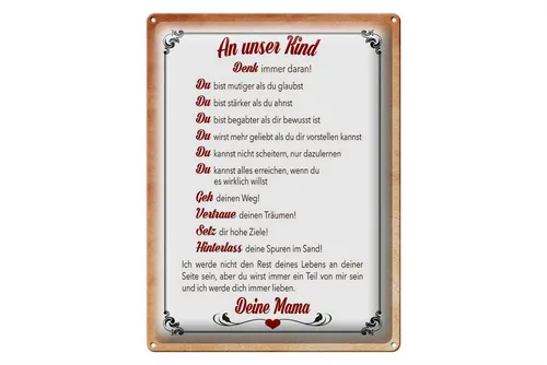 Femer GmbH Metallschild Spruch 30x40cm Kind denk immer daran deine Mama, (1 St), gewölbte Oberfläche, abgerundete Ecken, umgeschlagene Kanten