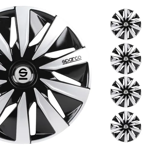 Sparco Radzierblenden Lazio 14-Zoll Schwarz/Silber - Radkappen-Set mit 4 ABS-Radkappen, rost- und korrosionsbeständig, ideal für individuelle Fahrzeuggestaltung und einfache Installation.