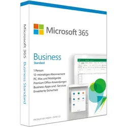 Microsoft 365 Business Standard - Office-Software für moderne Unternehmen, bietet Multi-Geräte-Flexibilität und nahtlose Zusammenarbeit in der Cloud mit 1 TB OneDrive-Speicher pro Benutzer.