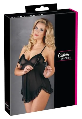 Cottelli Collection Lingerie Babydoll - sexy Babydoll und String für sie, elegante Reizwäsche mit offenen Cups zur Verführung des Partners, schwarz