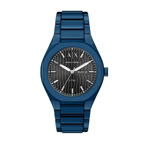 Armani Exchange Herren 42MM Blaue Edelstahl Uhr, AX4299 - Moderne Armbanduhr für stilbewusste Trendsetter. 42-mm-Gehäuse mit kratzfestem Glas und präzisem Quarzwerk. Strapazierfähiges, blaues Edelstahlband für individuellen Tragekomfort. Wasserdicht bis 50 m.