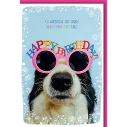 Geburtstag - Karte mit Umschlag - Hund mit pinker Brille - plastikfrei - unverpa