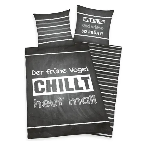 Herding Sprüche Bettwäsche – Der frühe Vogel chillt heut’ Mal! - Bettwäsche aus 100% Renforcé Baumwolle, ideal für Langschläfer. Mit coolem Spruch und kräftigen Farben sorgt sie für gute Laune im Schlafzimmer.