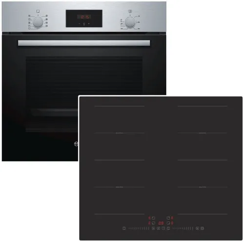 BOSCH Backofen mit Teleskopauszug & PKM Flex-Induktionskochfeld 60cm - Silber - Herd-Set mit BOSCH 3D-Heißluftbackofen (66L) und PKM Induktionskochfeld. Perfekte Backergebnisse und schnelles Kochen dank Induktion. Ideal für moderne Küchen.