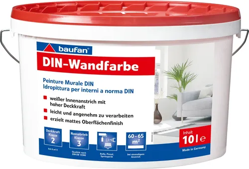 Baufan DIN-Wandfarbe 10 L - Weiße Dispersionsfarbe mit hoher Deckkraft - Farben & Lacke - Hochwertige Dispersionsfarbe für Innenanstrich, leicht verarbeitbar und mit mattem Finish für ein langlebiges Ergebnis.