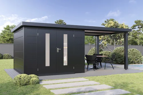 Wolff Finnhaus Premium Metall Gartenhaus Elvar 6030 Anthrazit - Gartenhaus aus robustem Metall, inkl. 300 cm Anbau für zusätzlichen Stauraum und optimalen Wetterschutz.