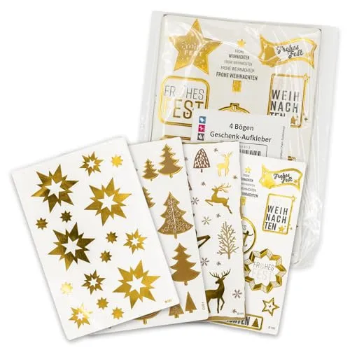 itenga Weihnachtssticker Freiform Gold 4 Bögen verschiedene Größen und Formen - Geschenkaufkleber Frohe Weihnachten Aufkleber Etikett Sticker