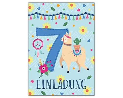 Junapack 12 Einladungskarten zum 7. Kindergeburtstag Einladung zum siebten Geburtstag Mädchen Lama