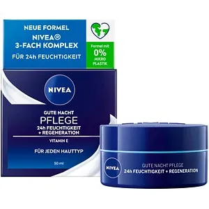 NIVEA Gute-Nacht-Pflege Nachtcreme 50 ml - Nachtpflege für jeden Hauttyp mit 24h Feuchtigkeit und Regeneration - für frisch und erholt aussehende Haut am Morgen. Enthält Vitamin E und Wasserlilienextrakt, dermatologisch getestet und vegan.