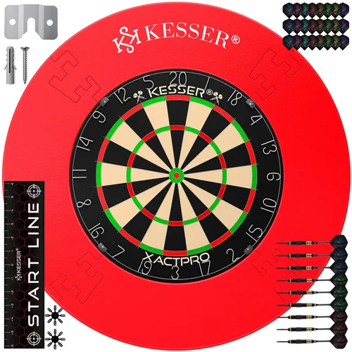 KESSER® Dartscheibe Kork mit 9 Dartpfeilen - Dartscheiben - Profi Steeldartscheibe aus hoch gepresstem Sisal mit klammerfreiem Bullseye für weniger Abpraller, inkl. 9 hochwertigen Dartpfeilen für ein Spiel auf hohem Niveau.