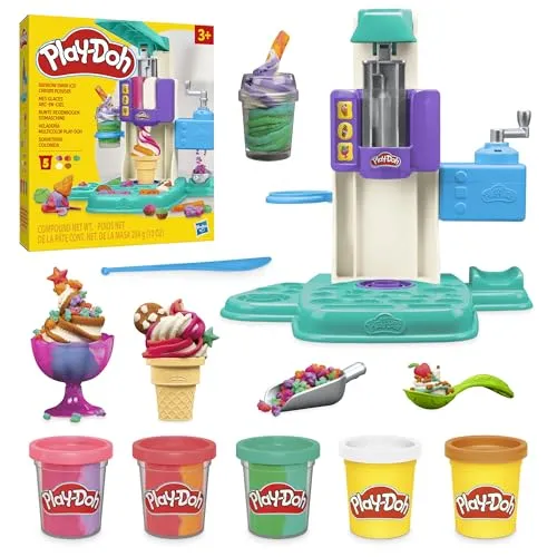 Play-Doh Bunte Regenbogen Eismaschine - Knete-Set für kreative Kinder ab 3 Jahren, inklusive drehender Eismaschine und 5 bunten Knetdosen für fantasievolles Eiscreme-Spielvergnügen.