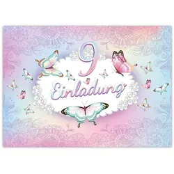 LIMONIA Einladungskarten Schmetterling Einladungen zum Kindergeburtstag Blumen Mädchen, Einladungskarten zum 9. Geburtstag