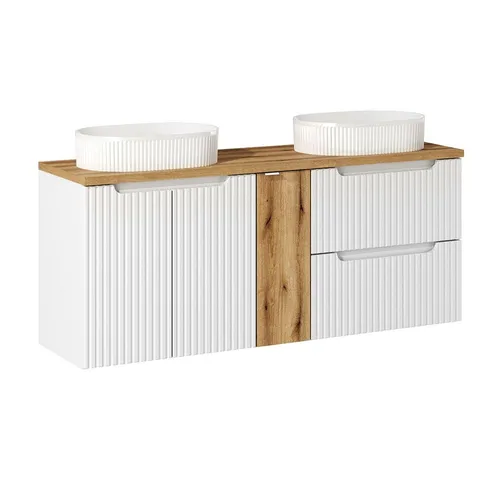 Lomadox Doppelwaschtisch NEWPORT-56-WHITE, 120cm - Stylischer Waschtisch in Weiß mit Eiche, ideal für kleine Badezimmer. Die gerillte Front und die Softclose-Funktion bieten Eleganz und Funktionalität in einem.