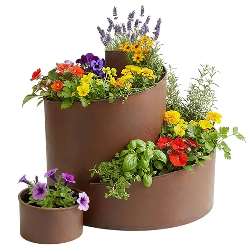Spetebo Natur Rost Kräuterspirale aus Metall - 58,5x43x41 cm - Blumentreppe aus Metall mit 5 Kammern, ideal für Kräuter und Blumen, integriertem Staunässe-Schutz und rustikalem Design für Ihren Garten.