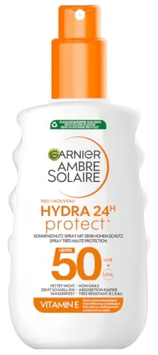 Garnier Ambre Solaire Hydra Protect+ 24h Sonnenschutz-Spray LSF 50, 150 ml - Das Hydra Protect+ 24h Sonnenschutz-Spray bietet sehr hohen Schutz vor UVA- und UVB-Strahlung. Die wasserfeste Formel zieht schnell ein und schützt zuverlässig, ideal für aktive Tage im Freien.