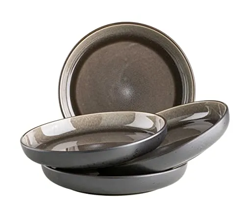 MÄSER Serie Niara, Modernes Suppenteller Set für 4 Personen in aufregendem Vintage Look, große tiefe Teller für Pasta und Suppen aus Keramik, Steinzeug, Grau/Schwarz
