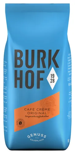 Kaffee GENUSSRÖSTUNG Café Crème Original von Burkhof, 1000g Bohnen - Kaffeebohnen, hochwertige Röstung für vollmundigen Genuss, ideal für Café Crème Liebhaber.