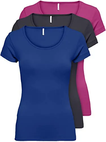 ONLY 3er Pack Damen T-Shirt schwarz oder weiß Kurzarm lang Basic Sommer T-Shirts XS S M L XL 15209153