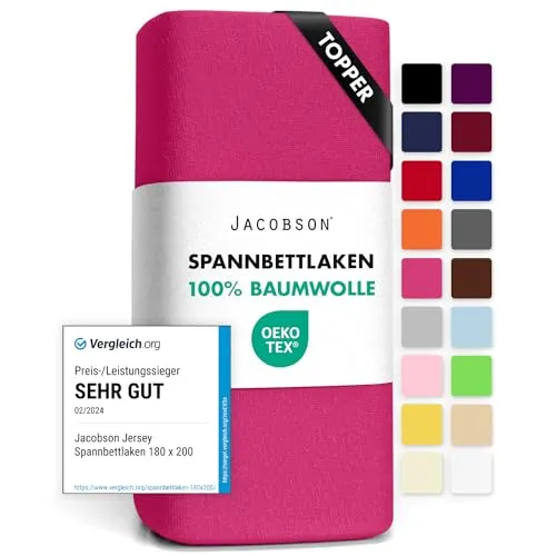 Jacobson Jersey Spannbettlaken Spannbetttuch Baumwolle Bettlaken (Topper 180-200x200 cm, Pink)