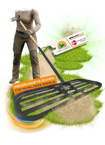 Rasenrakel mit runden Ecken von WISEandGREEN | 80x30cm | Kein Verkanten – Schonende perfekte Rasenpflege aus hochwertigem rostfreien Edelstahl Nivellierrechen, Premium Gartengerät mit Stiel