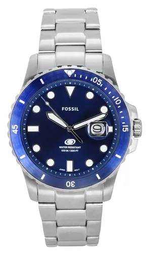 Fossil Blue uhr für Herren, Quarzwerk mit Edelstahl- oder Lederarmband, Silberton und Blau, 42MM