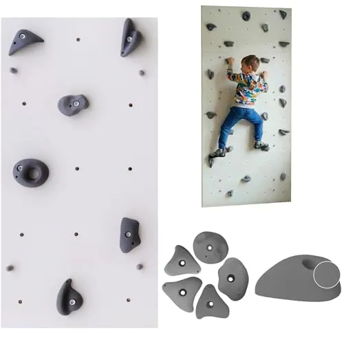 Create for you - Kletterwand für Kinderzimmer - Viereckig - Weiß - Indoor - Heimklettergerüst - Spielplatz - Trainingsgeräte für Zuhause - 1x Wandpaneel 100x50 cm - mit 5 grauen Griffen/Steinen