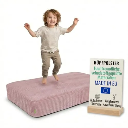 Pillows24 Hüpfpolster für Kinder – Hüpfkissen 70x110x17 cm in Rosa - Das große Hüpfpolster fördert Bewegung und Spiel im Haus. Ideal für sicheres Springen und Toben, ohne Metallrahmen. Hoher Komfort dank stabiler Schaumstofffüllung und abnehmbarem, pflegeleichtem Bezug.