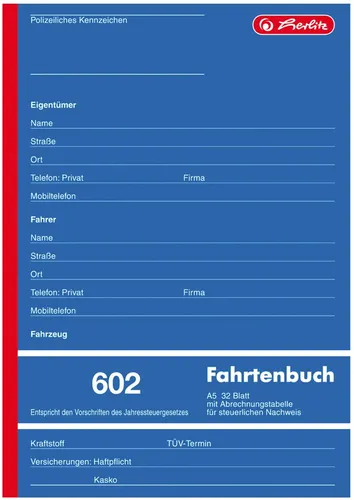Herlitz 602 Fahrtenbuch A5 - Steuerlich anerkanntes Fahrtenbuch im A5-Format, ideal zur Erfassung von Betriebsdaten und Kosten für PKW, Made in Germany.