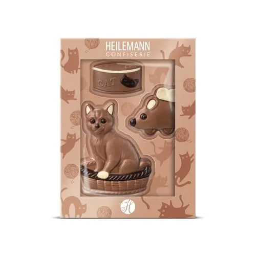 Heilemann Geschenkpackung Katze 70 g – Schokoladenfiguren aus Edelvollmilch-Schokolade – Geschenk für Katzenliebhaber & Cat Moms – Katze, Maus und Futternapf aus Schokolade