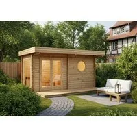 FinnTherm Saunahaus Enns-70, 508 x 354 x 236 cm - Sauna für bis zu 6 Personen, aus massivem Holz mit 70 mm Wandstärke und Panorama-Tür. Ideal für entspannende Wohlfühlmomente im eigenen Garten.